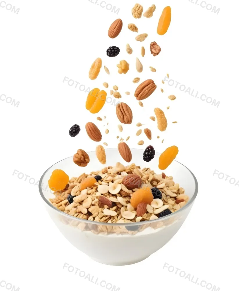 A Bowl Of Granola With Various Dried Fruits And Nuts Falling Into It Including Raisins Apricots Almonds And Pecans 3 D7af