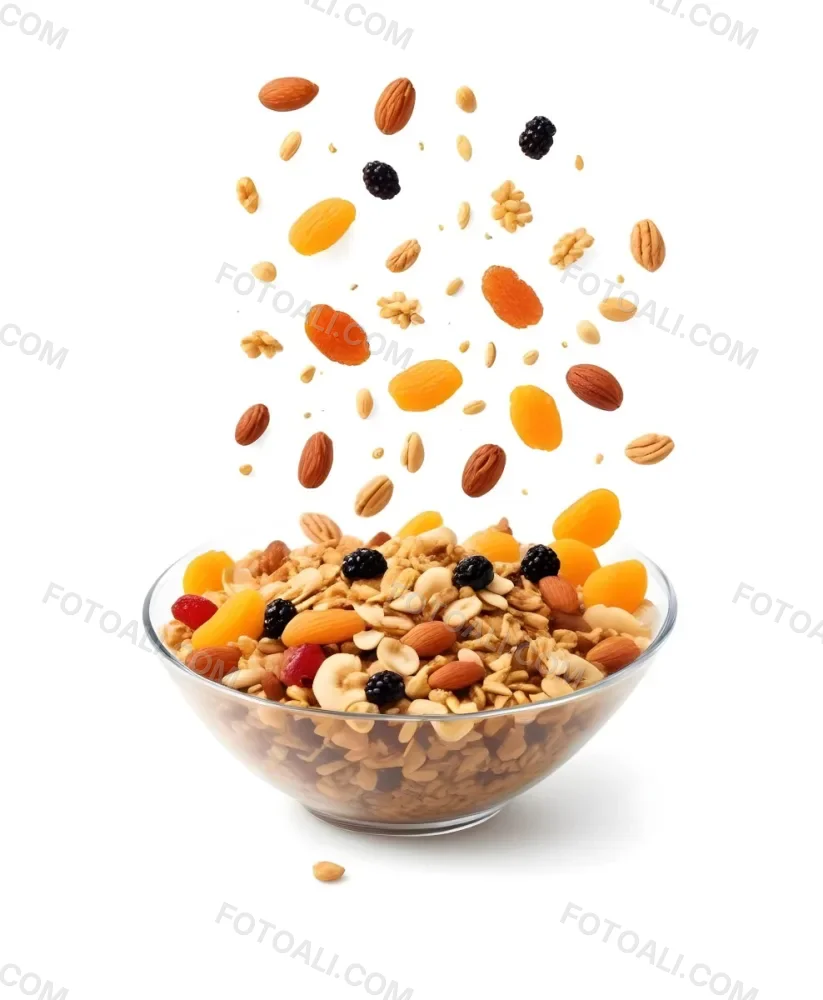 A Bowl Of Granola With Various Dried Fruits And Nuts Falling Into It Including Raisins Apricots Almonds And Pecans 6 2cd5