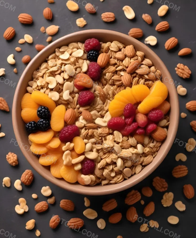 A Bowl Of Granola With Various Dried Fruits And Nuts Falling Into It Including Raisins Apricots Almonds And Pecans 8 F603