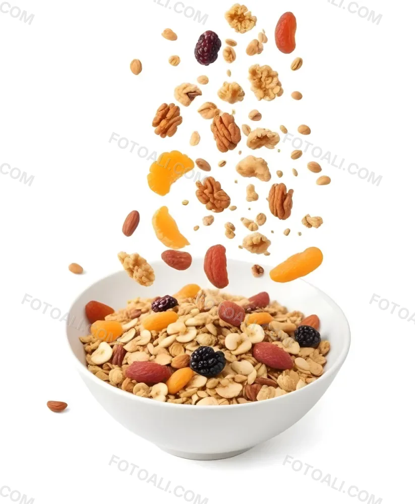 A Bowl Of Granola With Various Dried Fruits And Nuts Falling Into It Including Raisins Apricots Almonds And Pecans 9 12fa