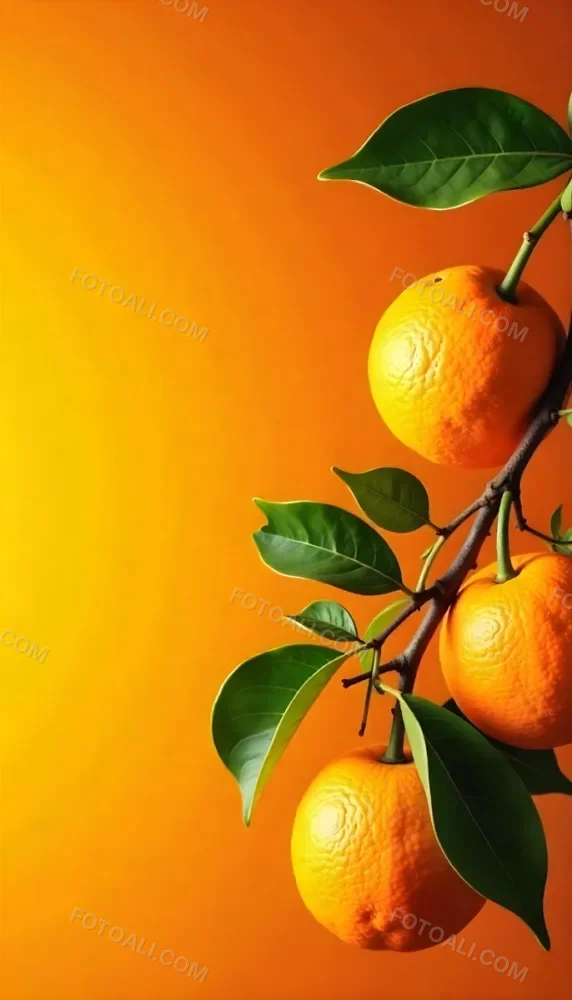 A Branch With Four Oranges And Orange Leaves Bright Light On The Right Side Green Background 14 D073
