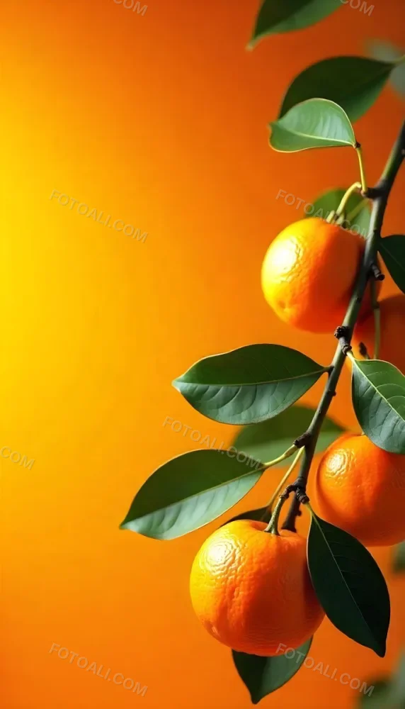A Branch With Four Oranges And Orange Leaves Bright Light On The Right Side Green Background 31 705b