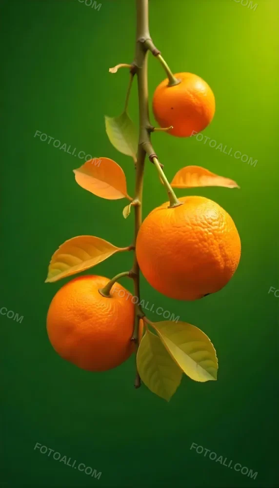 A Branch With Four Oranges And Orange Leaves Bright Light On The Right Side Green Background 32 Dd2b