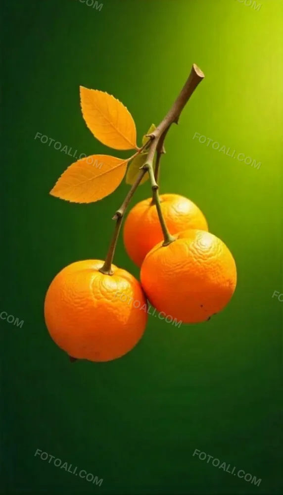 A Branch With Four Oranges And Orange Leaves Bright Light On The Right Side Green Background 36 Cf45