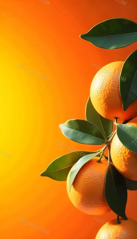 A Branch With Four Oranges And Orange Leaves Bright Light On The Right Side Green Background 4 Dfe8