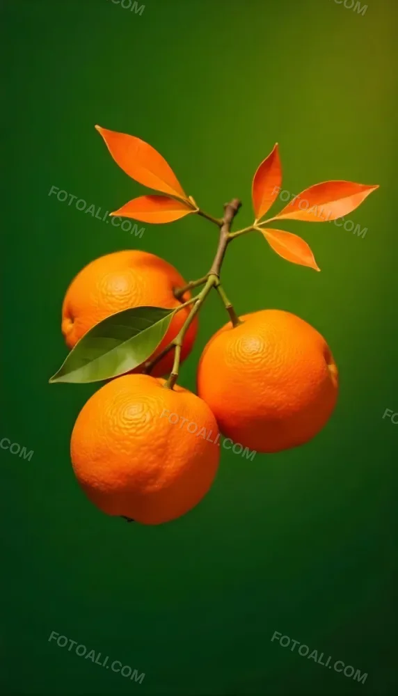 A Branch With Four Oranges And Orange Leaves Bright Light On The Right Side Green Background 5 34f8