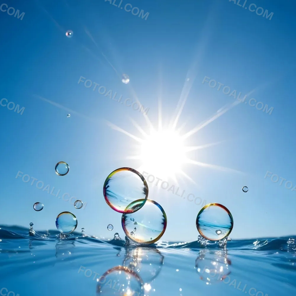 A Bright Sun Shining Through Soap Bubbles Against A Clear Blue Sky With Water Splashing And Droplets In The Foreground 1 8fe3