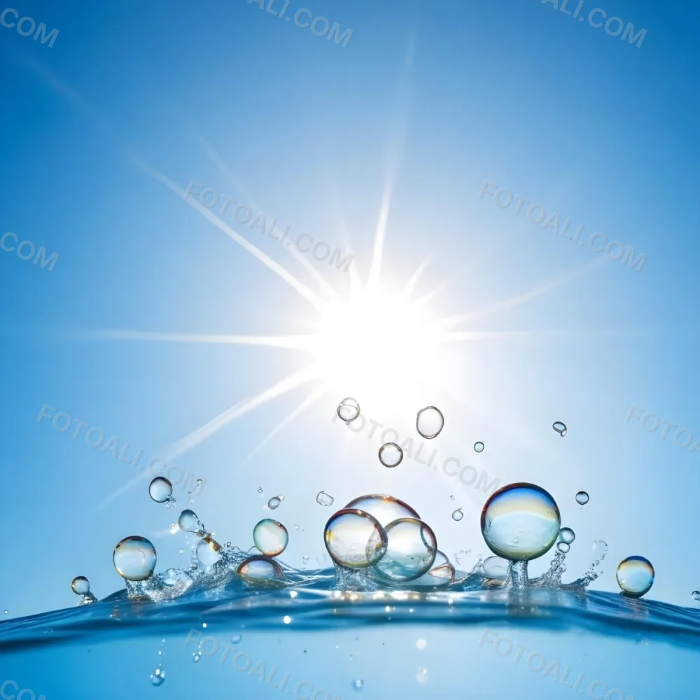 A Bright Sun Shining Through Soap Bubbles Against A Clear Blue Sky With Water Splashing And Droplets In The Foreground 2 4676