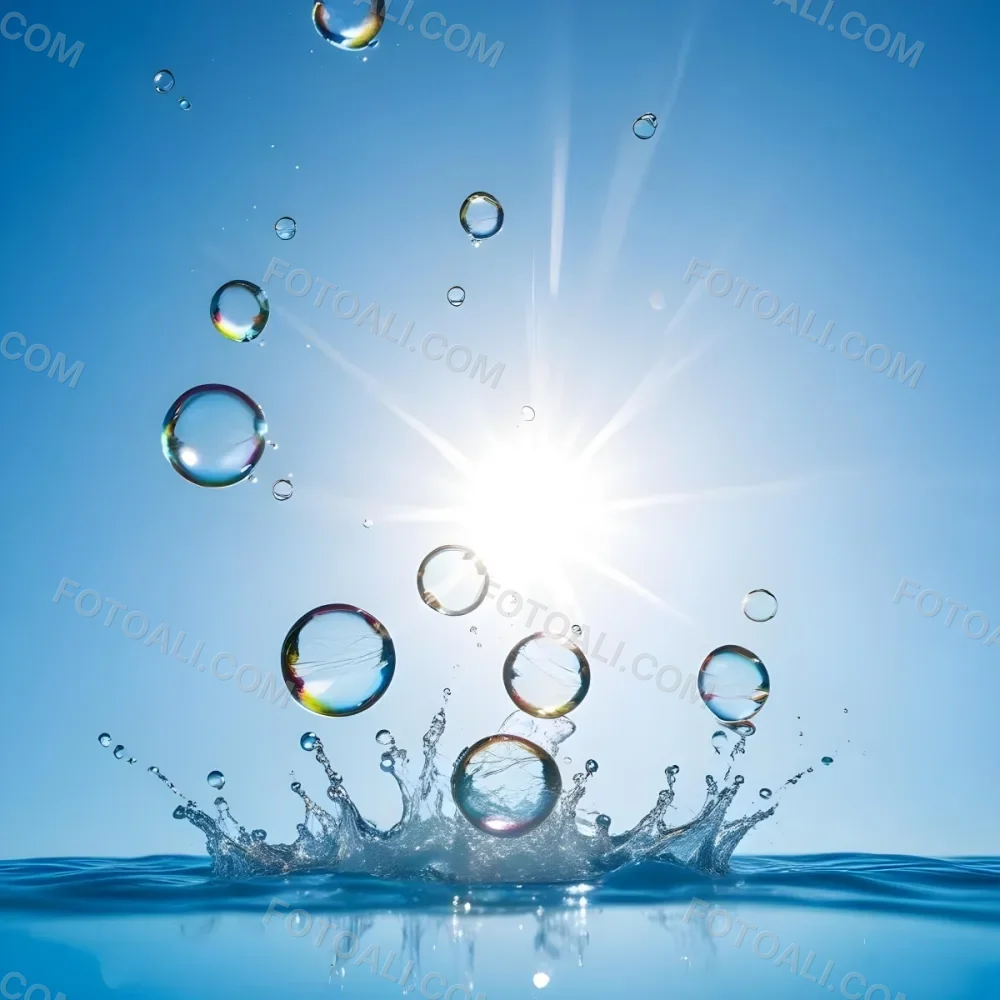 A Bright Sun Shining Through Soap Bubbles Against A Clear Blue Sky With Water Splashing And Droplets In The Foreground 3 0c40
