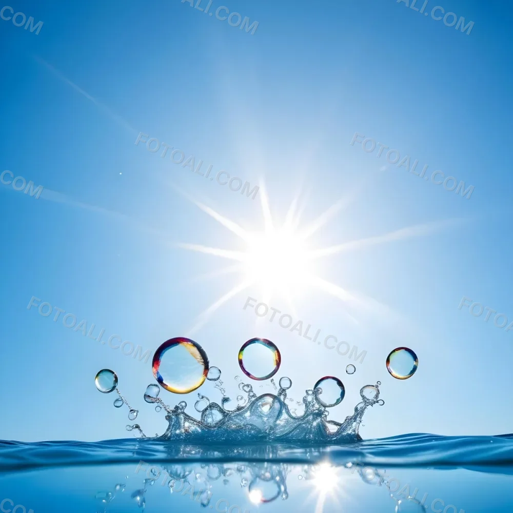 A Bright Sun Shining Through Soap Bubbles Against A Clear Blue Sky With Water Splashing And Droplets In The Foreground 4 7d55