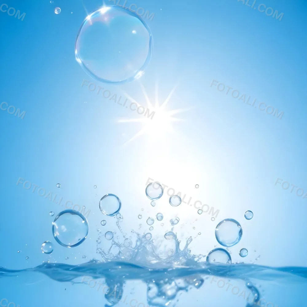 A Bright Sun Shining Through Soap Bubbles Against A Clear Blue Sky With Water Splashing And Droplets In The Foreground 7 D2da
