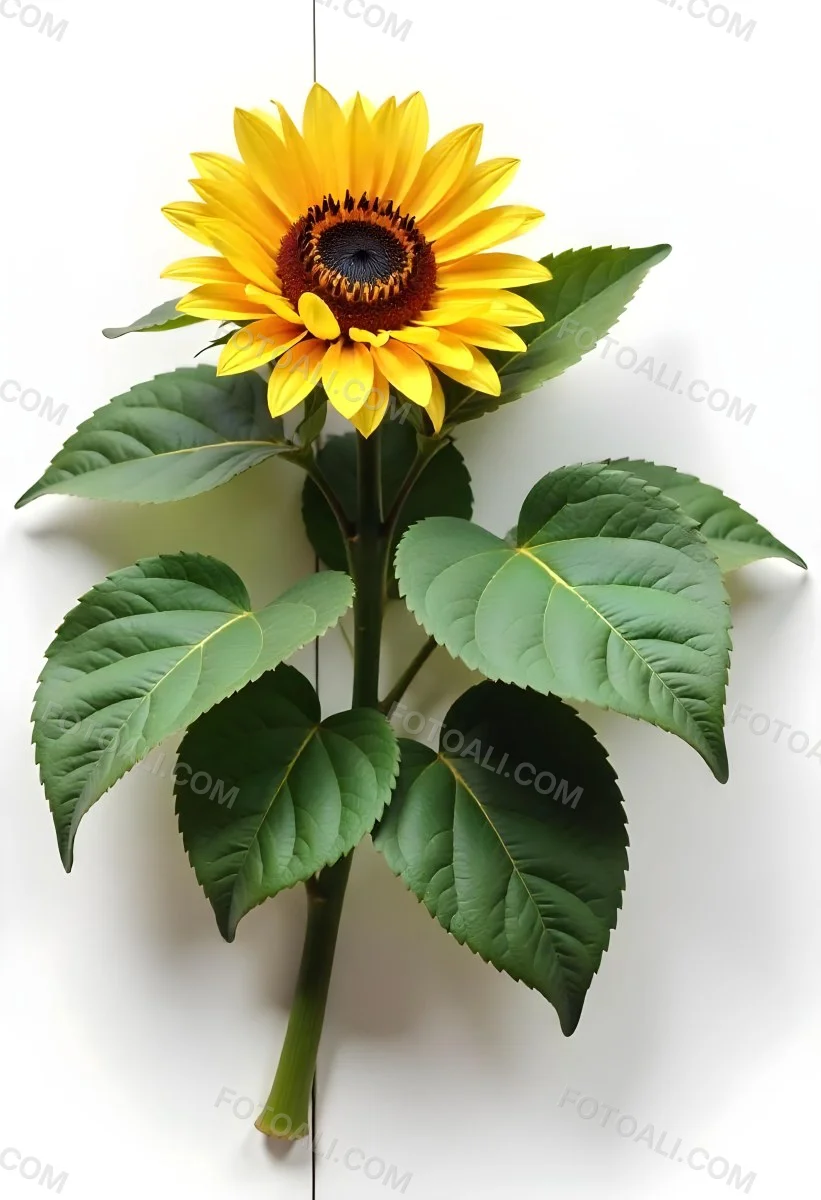 A Bright Yellow Sunflower With Green Leaves Against A White Background 1 A377