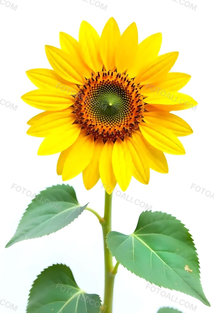 A Bright Yellow Sunflower With Green Leaves Against A White Background 11 A954