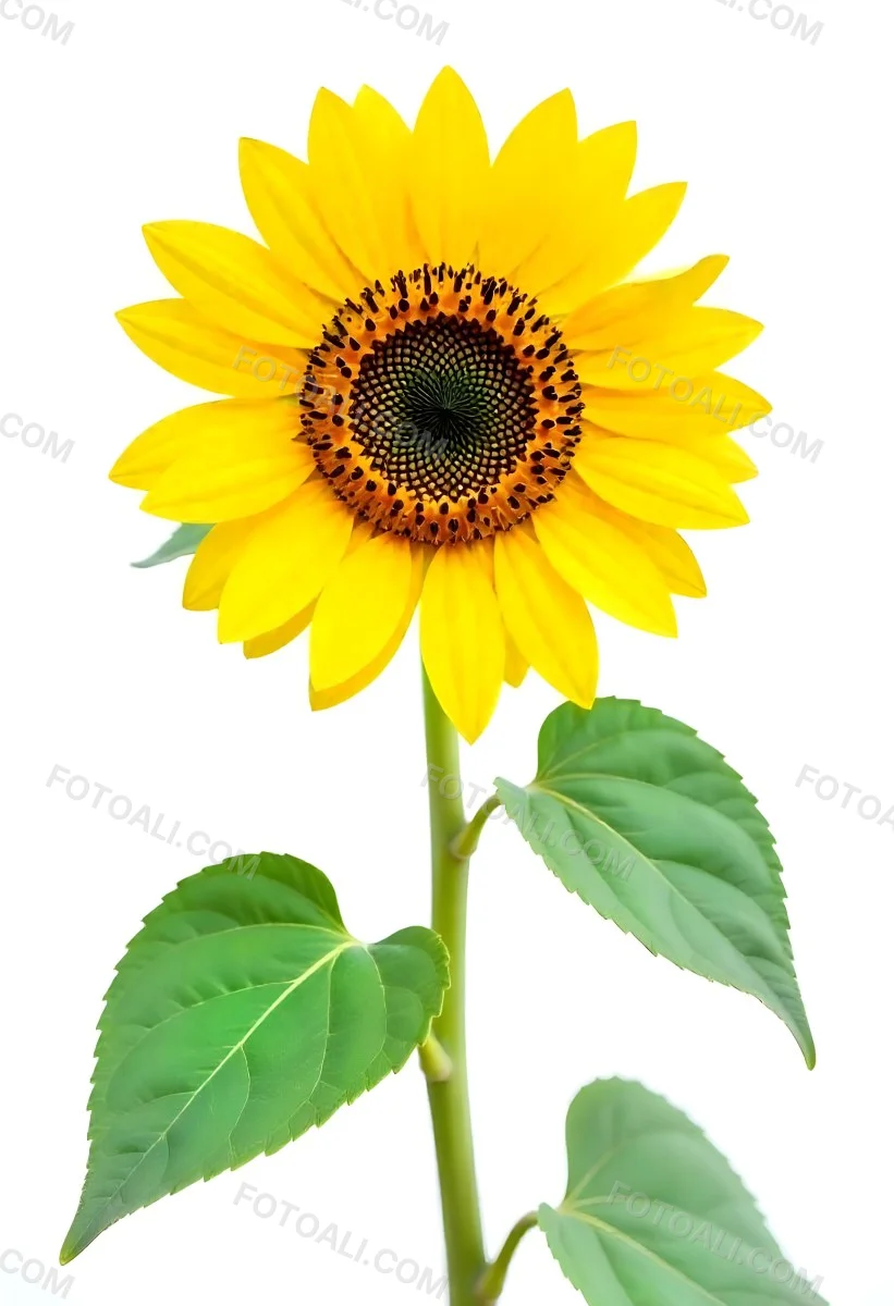 A Bright Yellow Sunflower With Green Leaves Against A White Background 13 9203