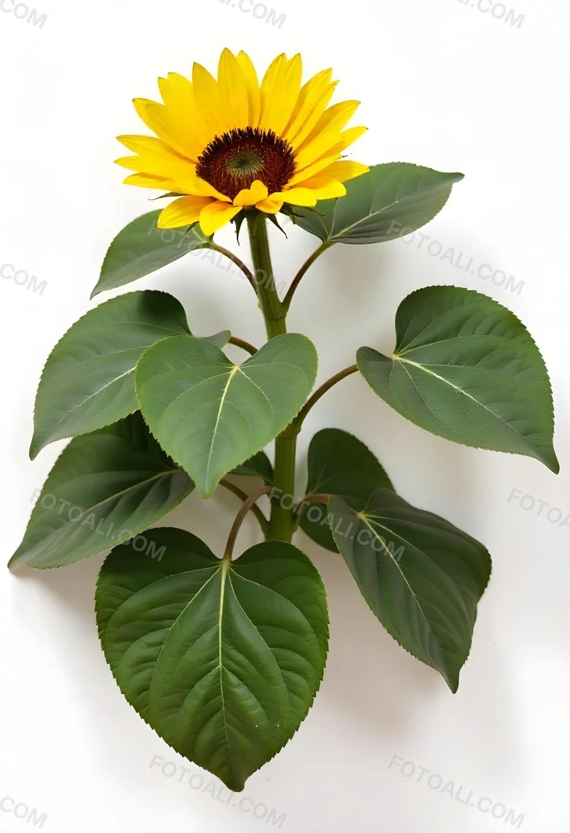 A Bright Yellow Sunflower With Green Leaves Against A White Background 15 B421