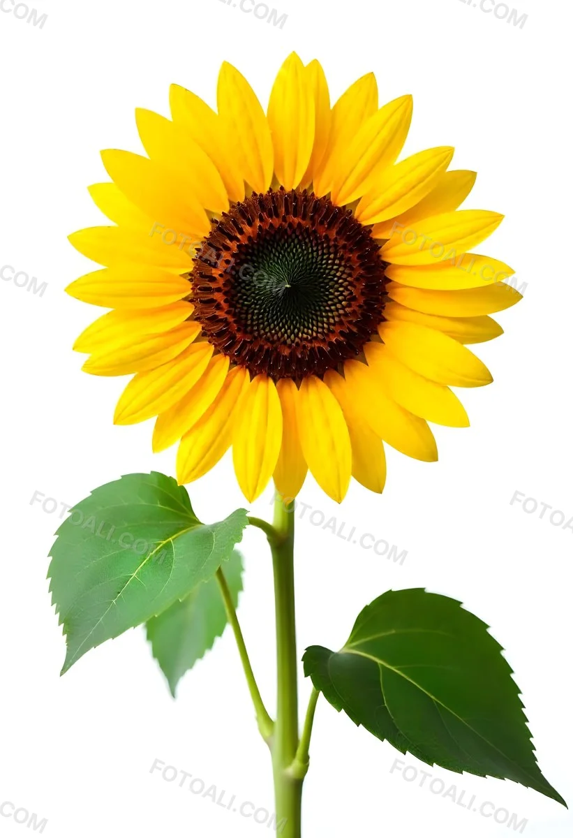 A Bright Yellow Sunflower With Green Leaves Against A White Background 17 C09c