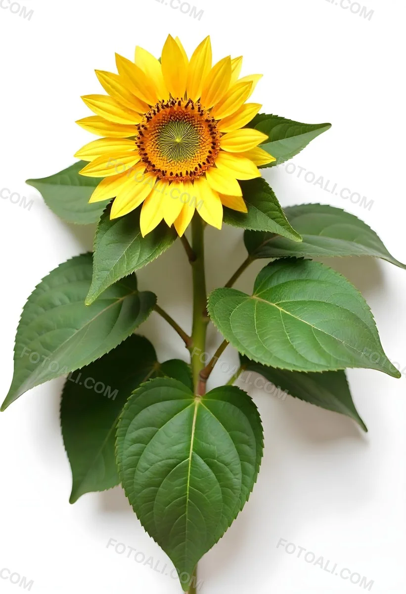 A Bright Yellow Sunflower With Green Leaves Against A White Background 18 9366