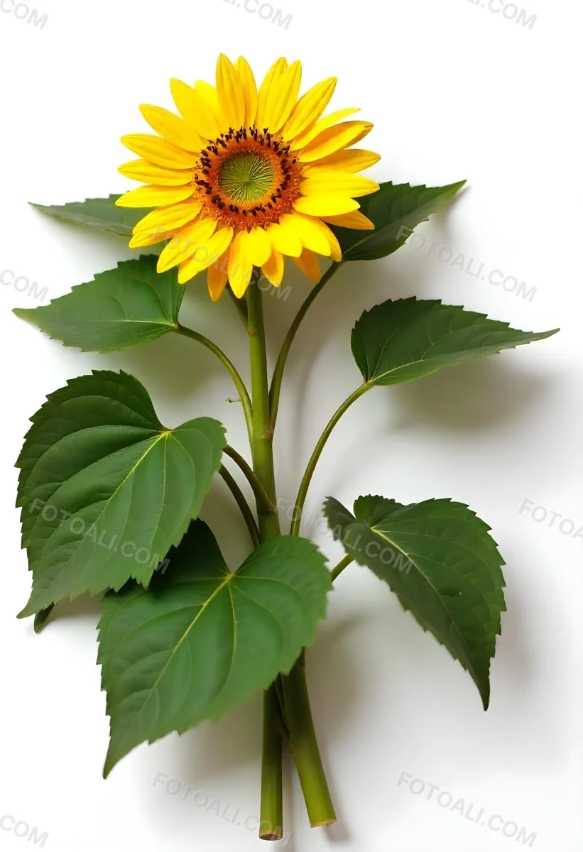 A Bright Yellow Sunflower With Green Leaves Against A White Background 19 08ea