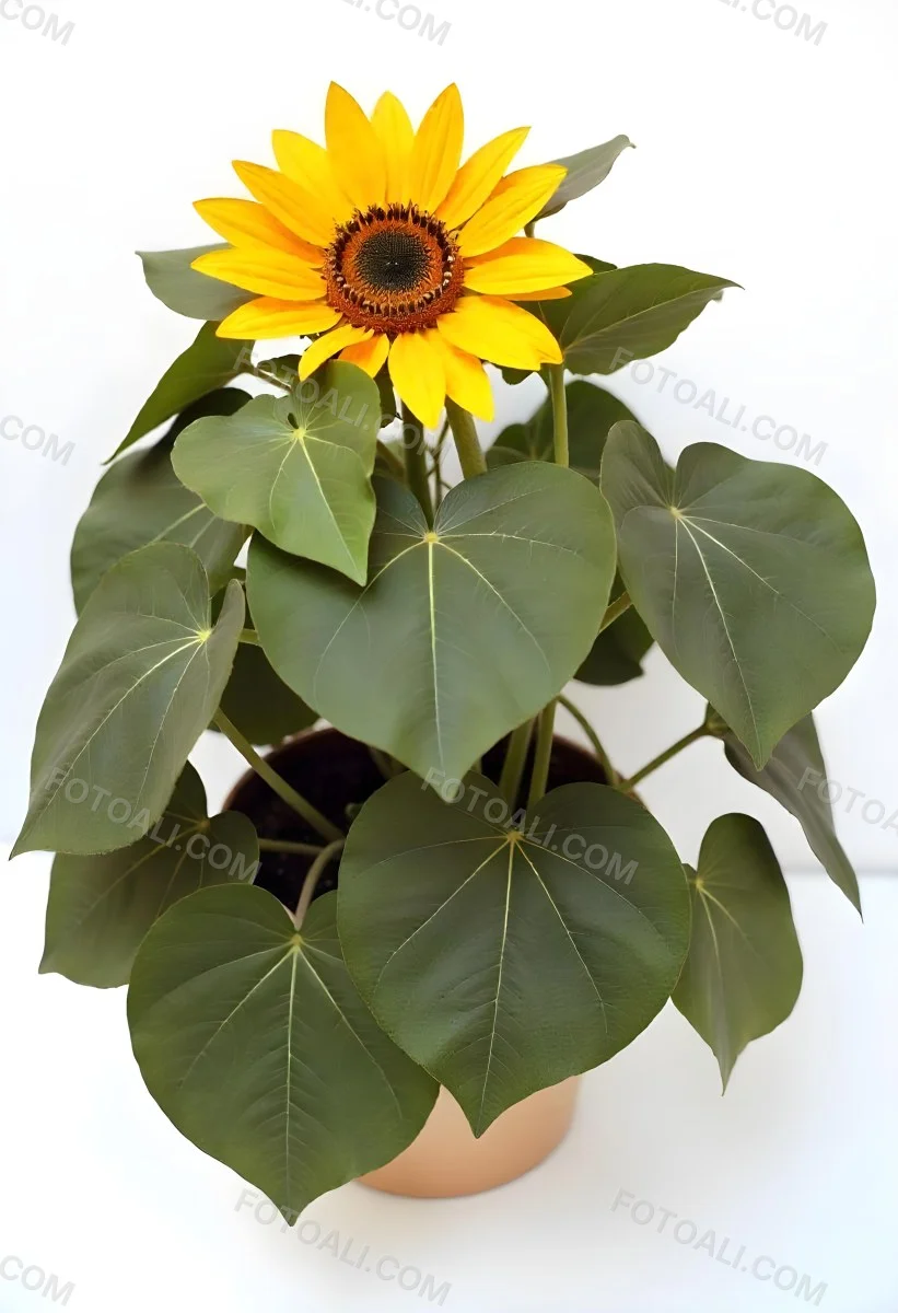 A Bright Yellow Sunflower With Green Leaves Against A White Background 20 1424