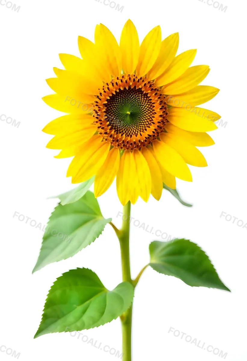 A Bright Yellow Sunflower With Green Leaves Against A White Background 3 E5fe