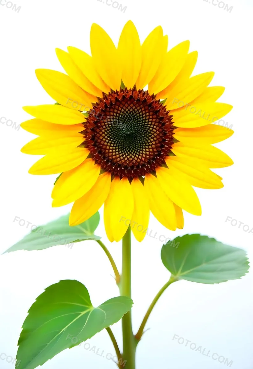 A Bright Yellow Sunflower With Green Leaves Against A White Background 9 802b
