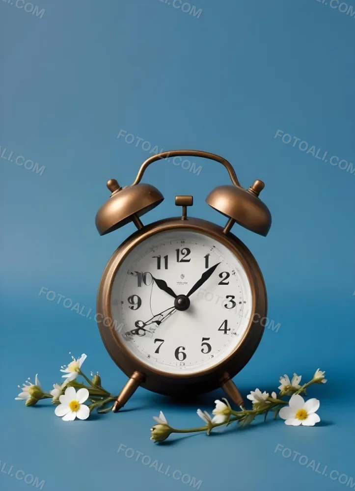 A Bronze Alarm Clock With A Black Face And White Numbers Accompanied By Small Blue Flowers Set Against A Black Background 1 004b