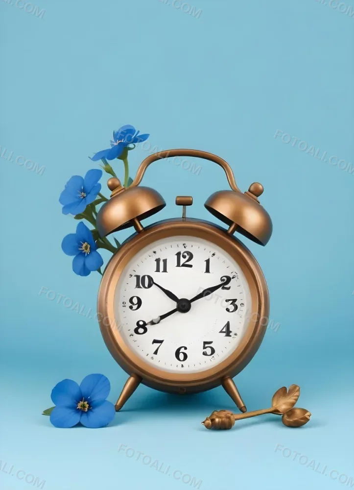 A Bronze Alarm Clock With A Black Face And White Numbers Accompanied By Small Blue Flowers Set Against A Black Background 11 92a8
