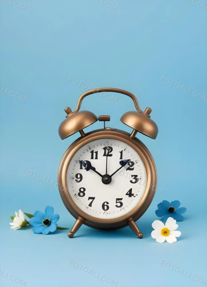 A Bronze Alarm Clock With A Black Face And White Numbers Accompanied By Small Blue Flowers Set Against A Black Background 13 11ec