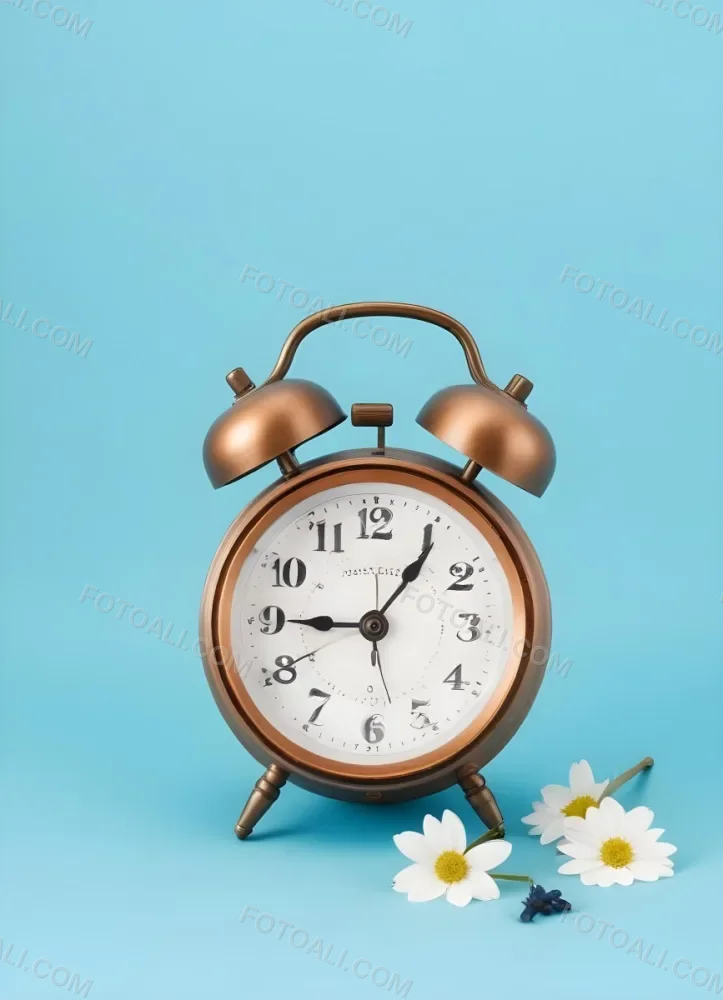 A Bronze Alarm Clock With A Black Face And White Numbers Accompanied By Small Blue Flowers Set Against A Black Background 16 B3f6