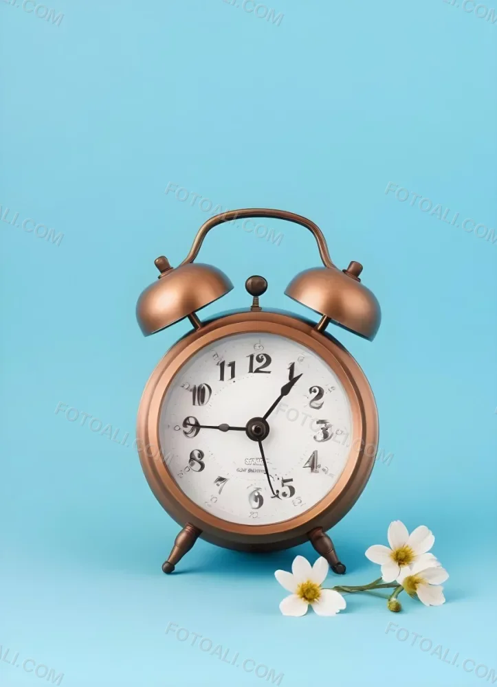 A Bronze Alarm Clock With A Black Face And White Numbers Accompanied By Small Blue Flowers Set Against A Black Background 18 Eb87