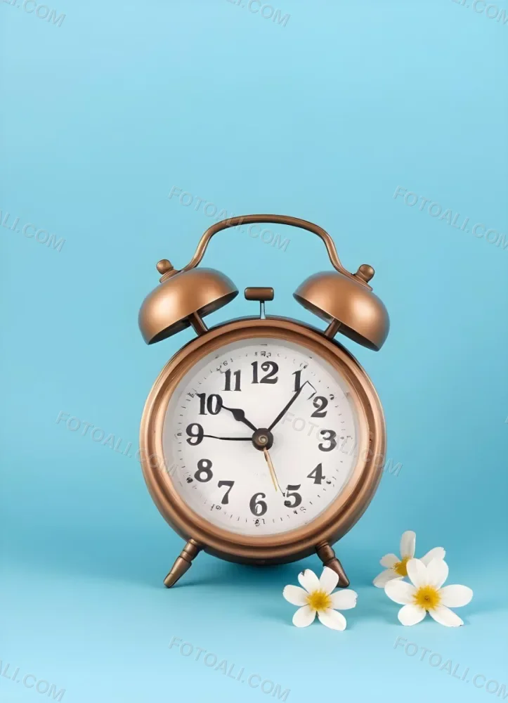 A Bronze Alarm Clock With A Black Face And White Numbers Accompanied By Small Blue Flowers Set Against A Black Background 21 C616