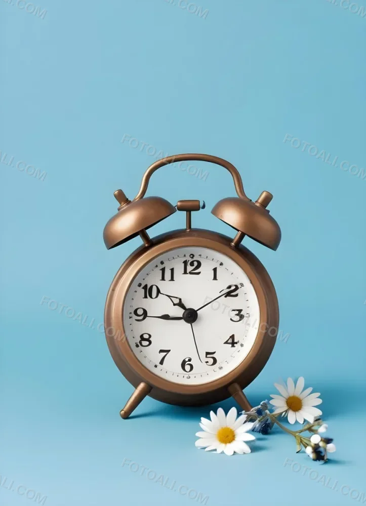 A Bronze Alarm Clock With A Black Face And White Numbers Accompanied By Small Blue Flowers Set Against A Black Background 24 Abbc