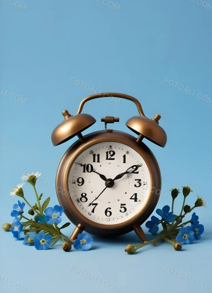 A Bronze Alarm Clock With A Black Face And White Numbers Accompanied By Small Blue Flowers Set Against A Black Background 3 3f6c