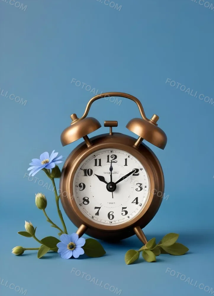 A Bronze Alarm Clock With A Black Face And White Numbers Accompanied By Small Blue Flowers Set Against A Black Background 4 8205