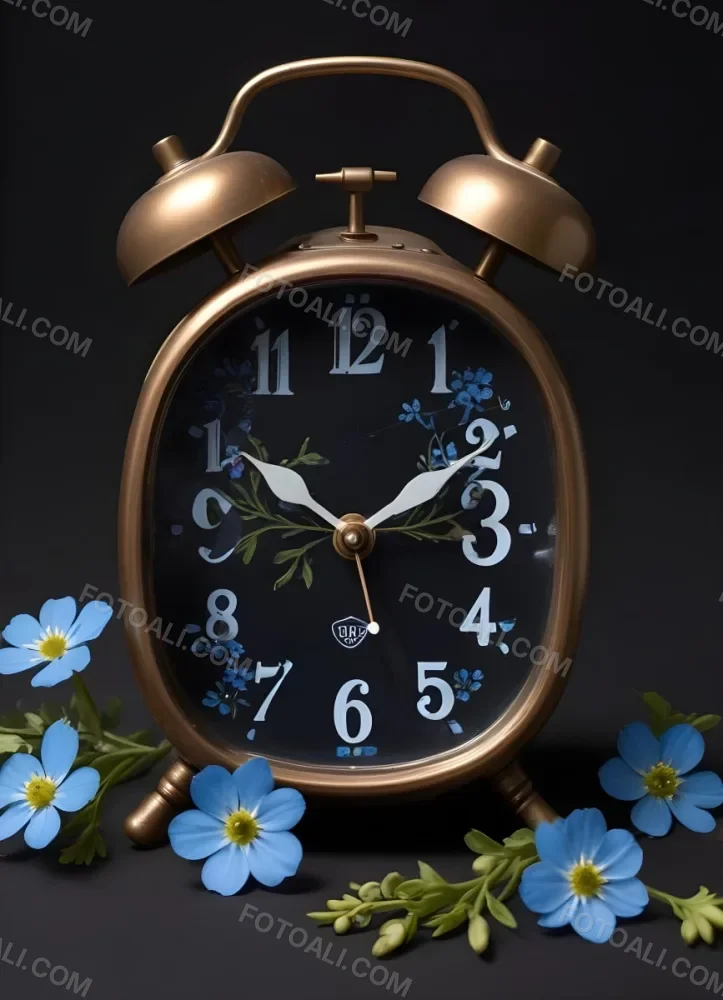 A Bronze Alarm Clock With A Black Face And White Numbers Accompanied By Small Blue Flowers Set Against A Black Background 5 773b