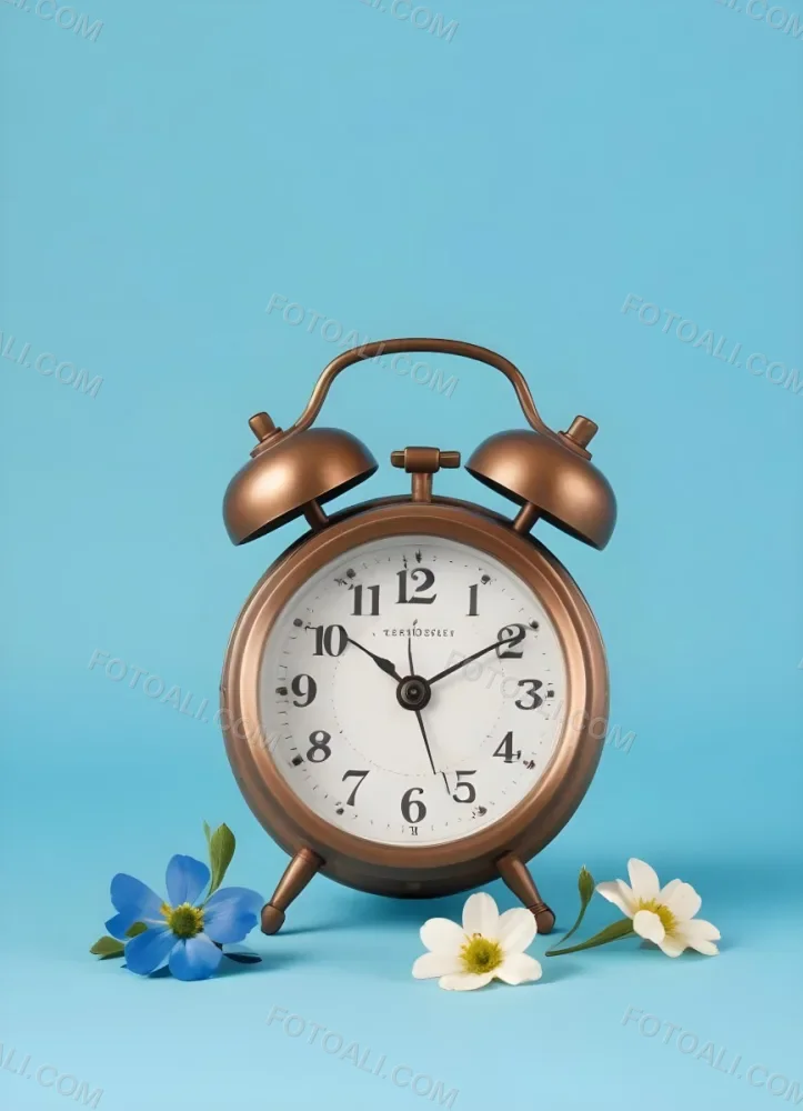 A Bronze Alarm Clock With A Black Face And White Numbers Accompanied By Small Blue Flowers Set Against A Black Background 8 8303