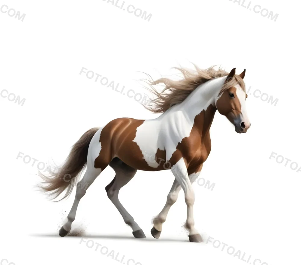 A Brown And White Paint Horse With A Flowing Tail Galloping On A White Background 7 5039