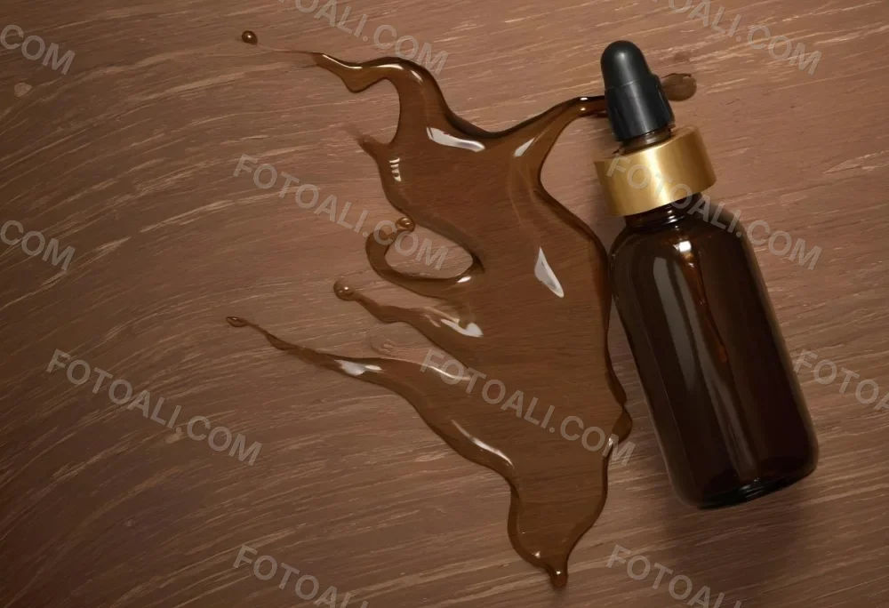 A Brown Glass Bottle With A Dropper On A Background Of Brown Hair The Hair Is Wavy And Shiny The Bottle Is In The Upper Right Corner 1 C9ff