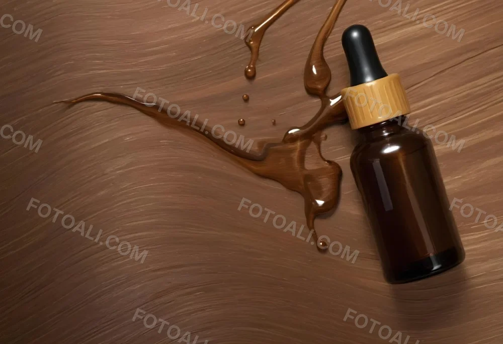 A Brown Glass Bottle With A Dropper On A Background Of Brown Hair The Hair Is Wavy And Shiny The Bottle Is In The Upper Right Corner 13 612f