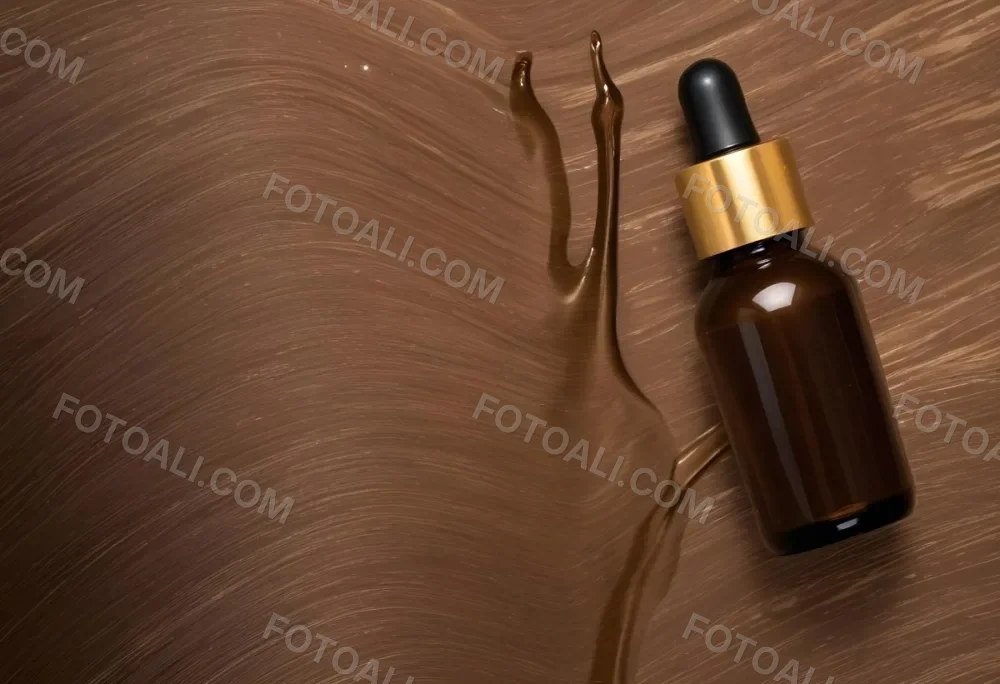A Brown Glass Bottle With A Dropper On A Background Of Brown Hair The Hair Is Wavy And Shiny The Bottle Is In The Upper Right Corner 15 B9cd