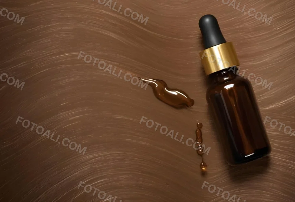 A Brown Glass Bottle With A Dropper On A Background Of Brown Hair The Hair Is Wavy And Shiny The Bottle Is In The Upper Right Corner 22 282a