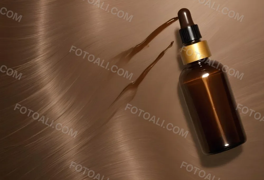 A Brown Glass Bottle With A Dropper On A Background Of Brown Hair The Hair Is Wavy And Shiny The Bottle Is In The Upper Right Corner 8 Ecfc