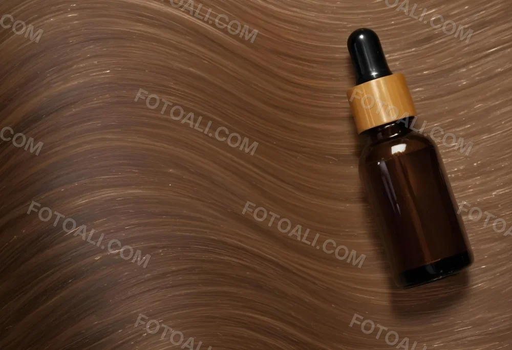 A Brown Glass Bottle With A Dropper On A Background Of Brown Hair The Hair Is Wavy And Shiny The Bottle Is In The Upper Right Corner 9 Ec70