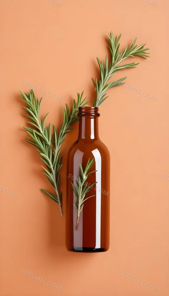A Brown Glass Bottle With A Sprig Of Rosemary Next To It On A Plain Light Orange Background 10 31dc