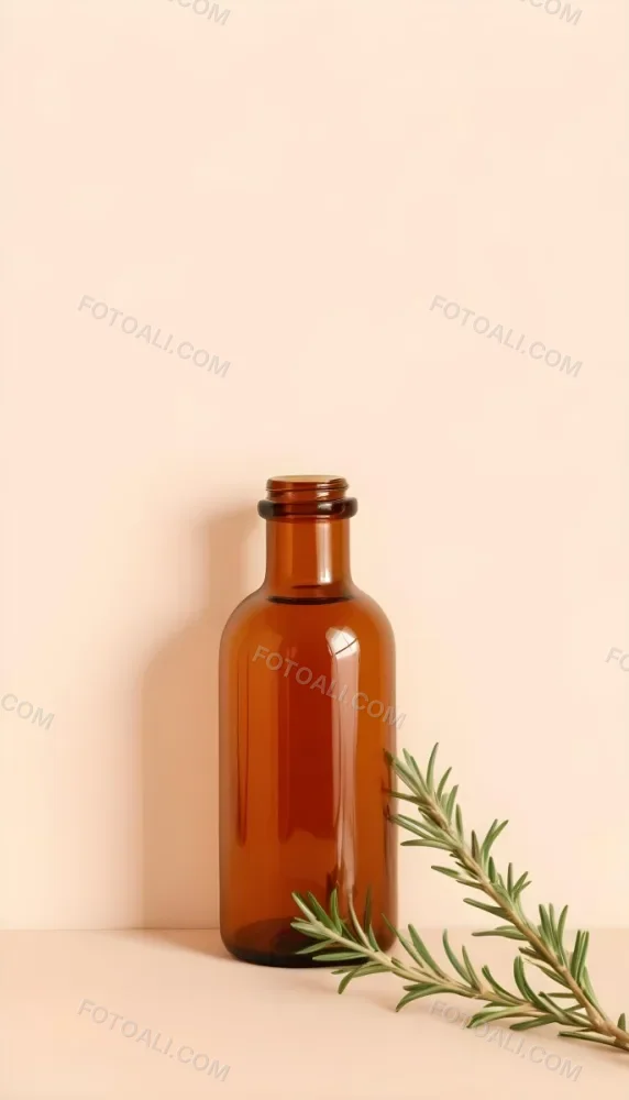 A Brown Glass Bottle With A Sprig Of Rosemary Next To It On A Plain Light Orange Background 15 Df27