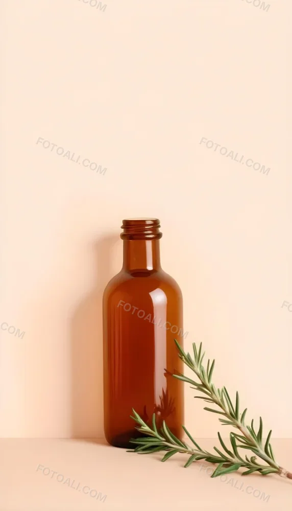 A Brown Glass Bottle With A Sprig Of Rosemary Next To It On A Plain Light Orange Background 19 9328