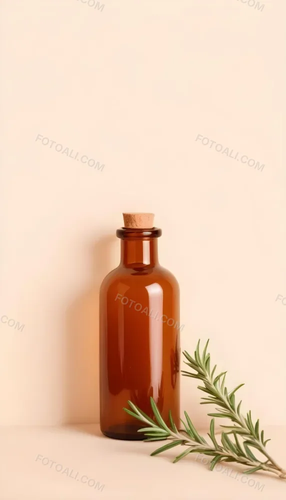 A Brown Glass Bottle With A Sprig Of Rosemary Next To It On A Plain Light Orange Background 26 87cd