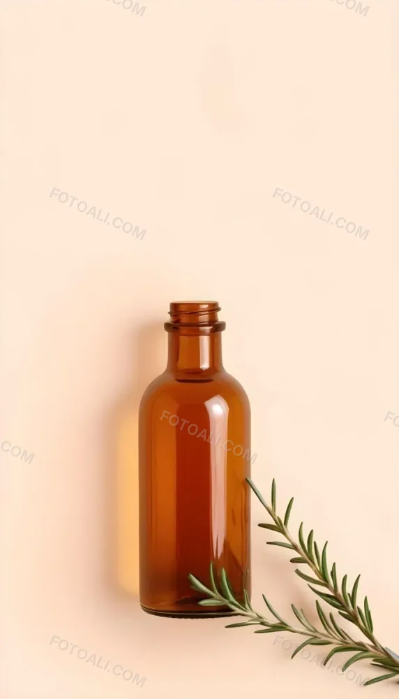 A Brown Glass Bottle With A Sprig Of Rosemary Next To It On A Plain Light Orange Background 28 B48d