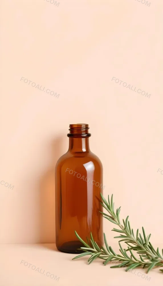 A Brown Glass Bottle With A Sprig Of Rosemary Next To It On A Plain Light Orange Background 4 00f9
