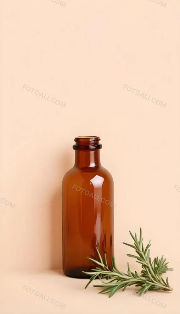 A Brown Glass Bottle With A Sprig Of Rosemary Next To It On A Plain Light Orange Background 6 3e32